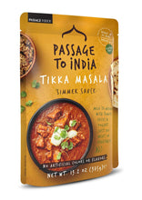 Tikka masala simmer sauce pouch with bowl image and no artificial flavors label