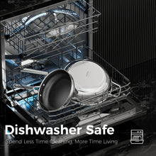 Black nonstick frying pan and lid in dishwasher rack with stainless-steel exterior