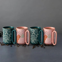 4-pack stoneware mugs with teal and pink butterfly floral prints, soft-touch handles
