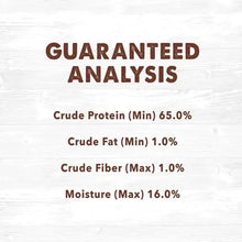 Dog treat guaranteed analysis label with protein, fat, fiber, and moisture limits