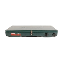 Portable 2-burner propane stove, dark green body with control knobs and latch