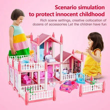 Pink princess dollhouse playset with two children, included dolls, and toy car