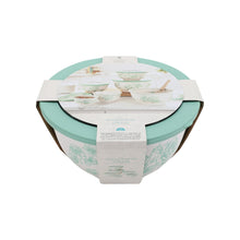 Green floral nesting bowls set in box, lids visible through packaging