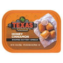 Texas Roadhouse honey cinnamon whipped buttery spread tub, front view with lid