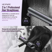 Ionic hair straightener and curler with silver body and purple accent buttons