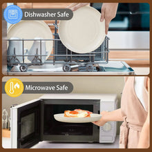 Beige bowls and plate placed in dishwasher and microwave-safe oven