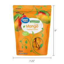 Unsweetened dried mango bag with front artwork and size dimensions