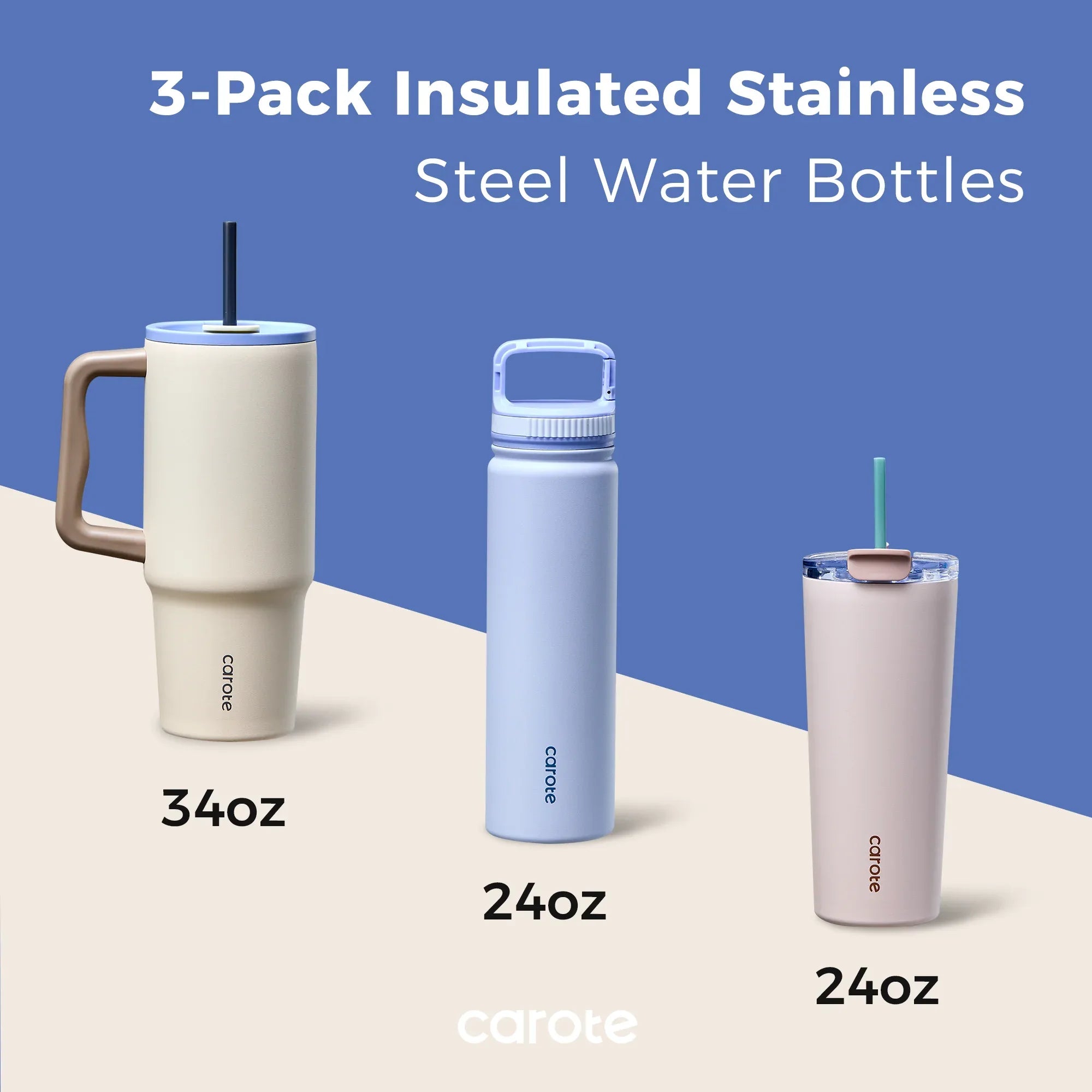 Carote 3pcs Insulated Stainless Steel Water Bottle and Tumbler Set with Straw/Handle, 34oz & 32oz*2, Blue - USA MEGA SHOP