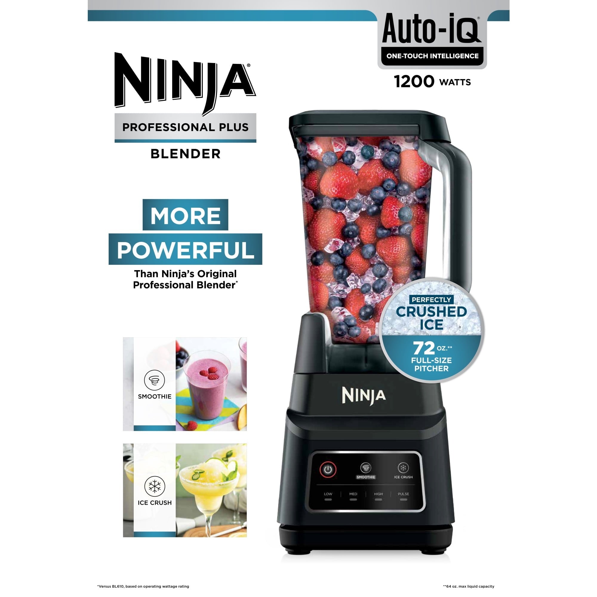 Ninja Professional Plus 72-Oz Blender, Smoothies, Ice Crush with 2 Auto-iQ Preset Programs, 1200W, BN700 Black