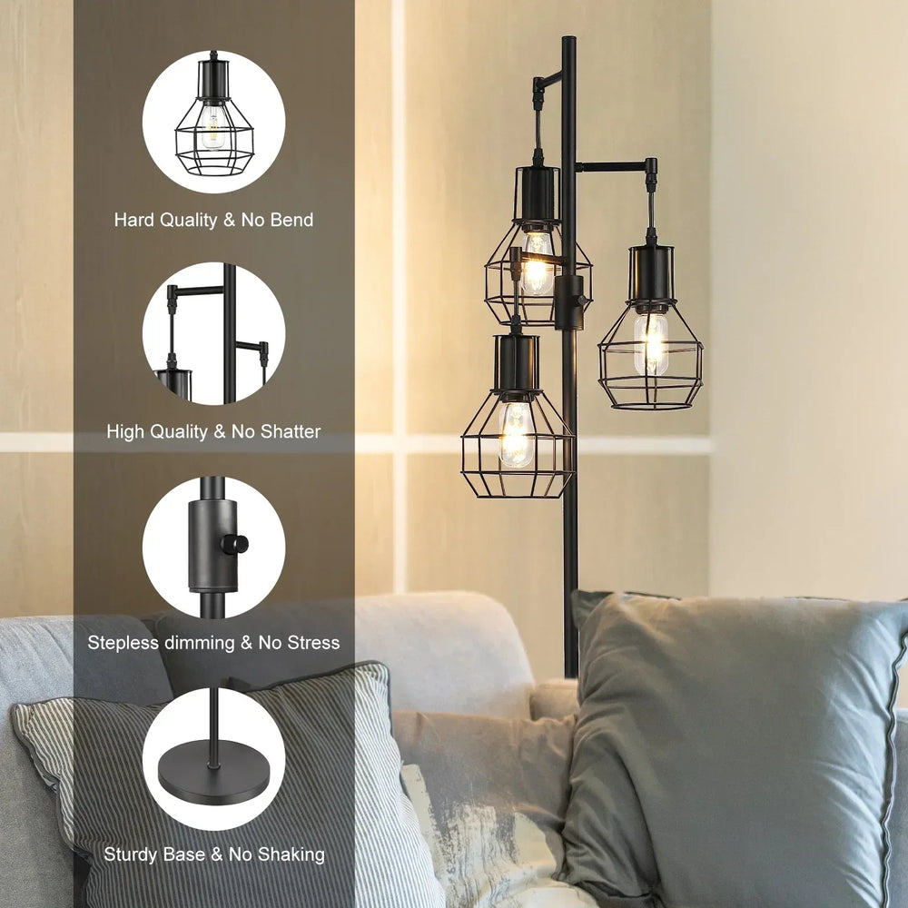 EDISHINE 65IN Farmhouse Industrial Black Floor Lamps for Living Room, Dimmable, Metal Standing Tree Lamp for Bedroom, Office, Home Decor, Lighting, 3 LED Bulb Included - USA MEGA SHOP
