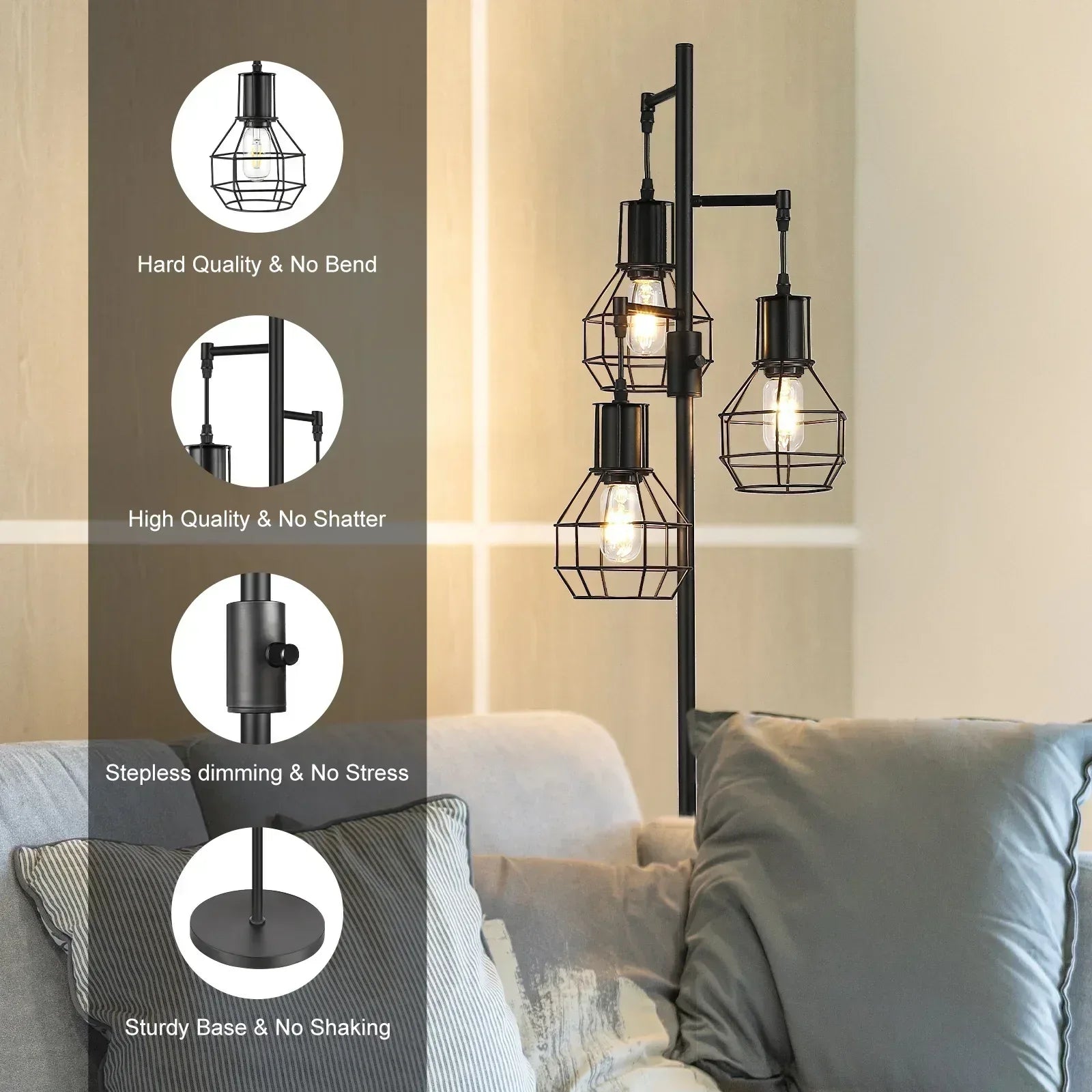 EDISHINE 65IN Farmhouse Industrial Black Floor Lamps for Living Room, Dimmable, Metal Standing Tree Lamp for Bedroom, Office, Home Decor, Lighting, 3 LED Bulb Included
