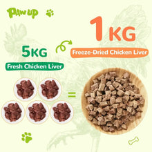 Freeze-dried chicken liver treats pouch graphic with bowl of liver pieces and weights