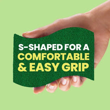 Green S-shaped heavy-duty scrub sponge held in hand