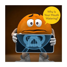 Orange M&M's character holding a blue tablet in a gag-style pose