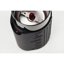Electric coffee grinder top chamber with metal blade and red on/off button, black body