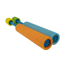 Neon foam water blaster toy with orange barrel and blue barrel, blue-end handles