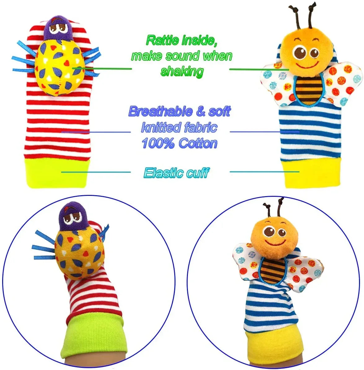 Rattle Toy,Arm Hand Bracelet Rattle,Feet Leg Ankle Socks, Present Gift for Newborn Infant Babies Boy Girl Bebe (4 Bugs) - USA MEGA SHOP