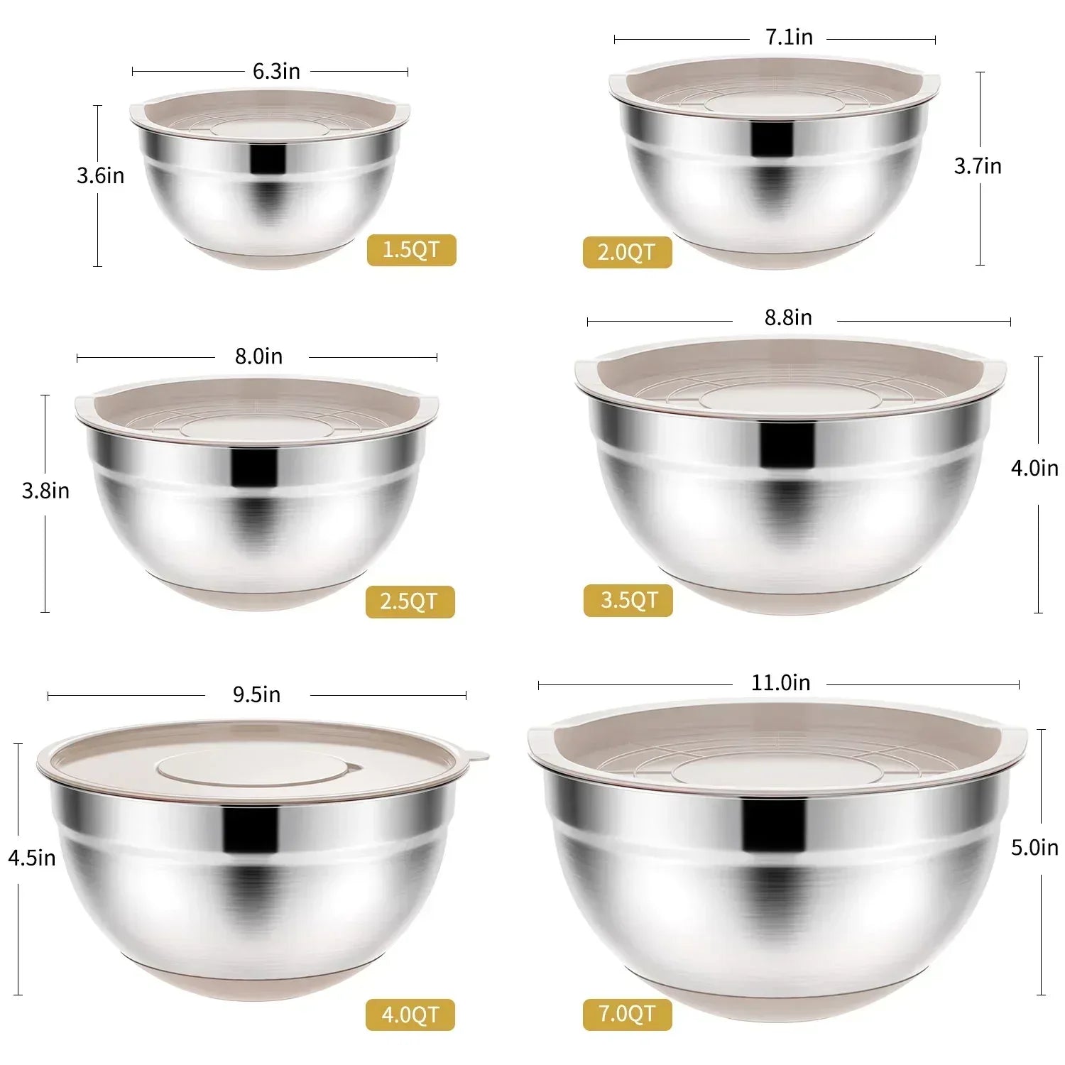 TINANA 26PCS Stainless Steel Mixing Bowls with Lids Set, Nesting Mixing Bowl Set with Non-Slip Bottom Graters Tools Gadgets, 7/4/3.5/2.5/2/1.5QT Metal Salad Bowls for Serving Prepping Baking
