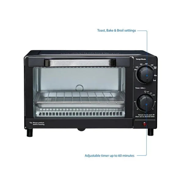 Mainstays 4-Slice Countertop Toaster Oven with 3 Settings, Includes Baking Rack and Pan, Black, New - USA MEGA SHOP
