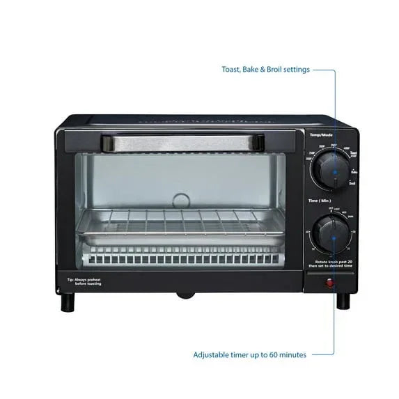 Mainstays 4-Slice Countertop Toaster Oven with 3 Settings, Includes Baking Rack and Pan, Black, New