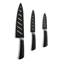 3-piece kitchen knife set: chef, utility, and paring knives with black handles