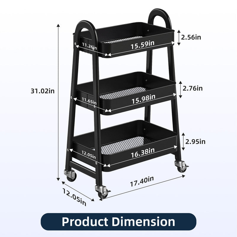 Gianna Utility Cart, Metal, 3‑Tier, Lockable Caster Wheels , 360° Rolling, Black