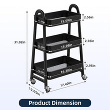 Black 3-tier metal utility cart with arched side handles and caster wheels
