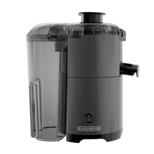 Fruit and vegetable juicer with clear pulp container, black base, and side spout
