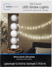 Mainstays retail box for 50-count LED globe lights with white G20 globes