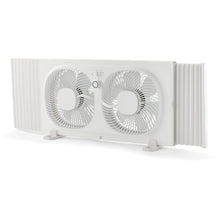 White twin window fan with two circular fan grills and adjustable side panels