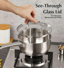 Stainless steel saucepan with see-through glass lid and loop handle, induction-ready.