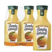 Three pulp-free orange juice bottles with Simply Orange labels and green caps