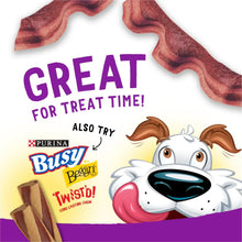 Bacon-flavored dog treat strips arranged on a package front, with Great for treat time.