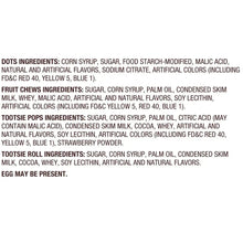 Candy pack ingredients list for Dots, Tootsie Roll, and Tootsie Roll Juniors varieties