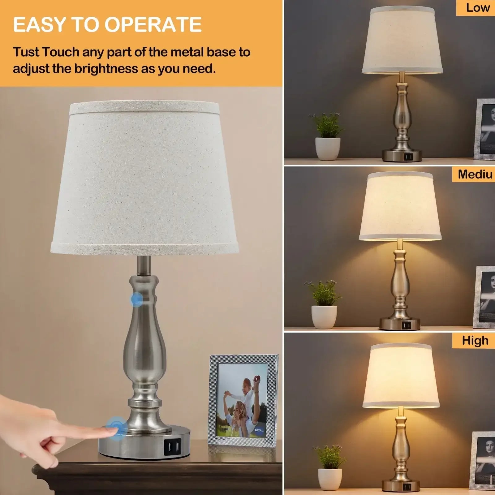 NATYSWAN Lamps for Bedrooms Set of 2, Brushed Nickel Bedside Lamps with USB Ports, 3 Way Dimmable Nightstand Lamps , Touch Table Lamp for Living Room Bedroom Office, Bulbs Included - USA MEGA SHOP
