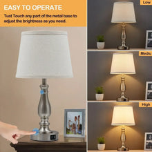 Table lamp with white linen shade and brushed metal base, touch dimmer and USB port