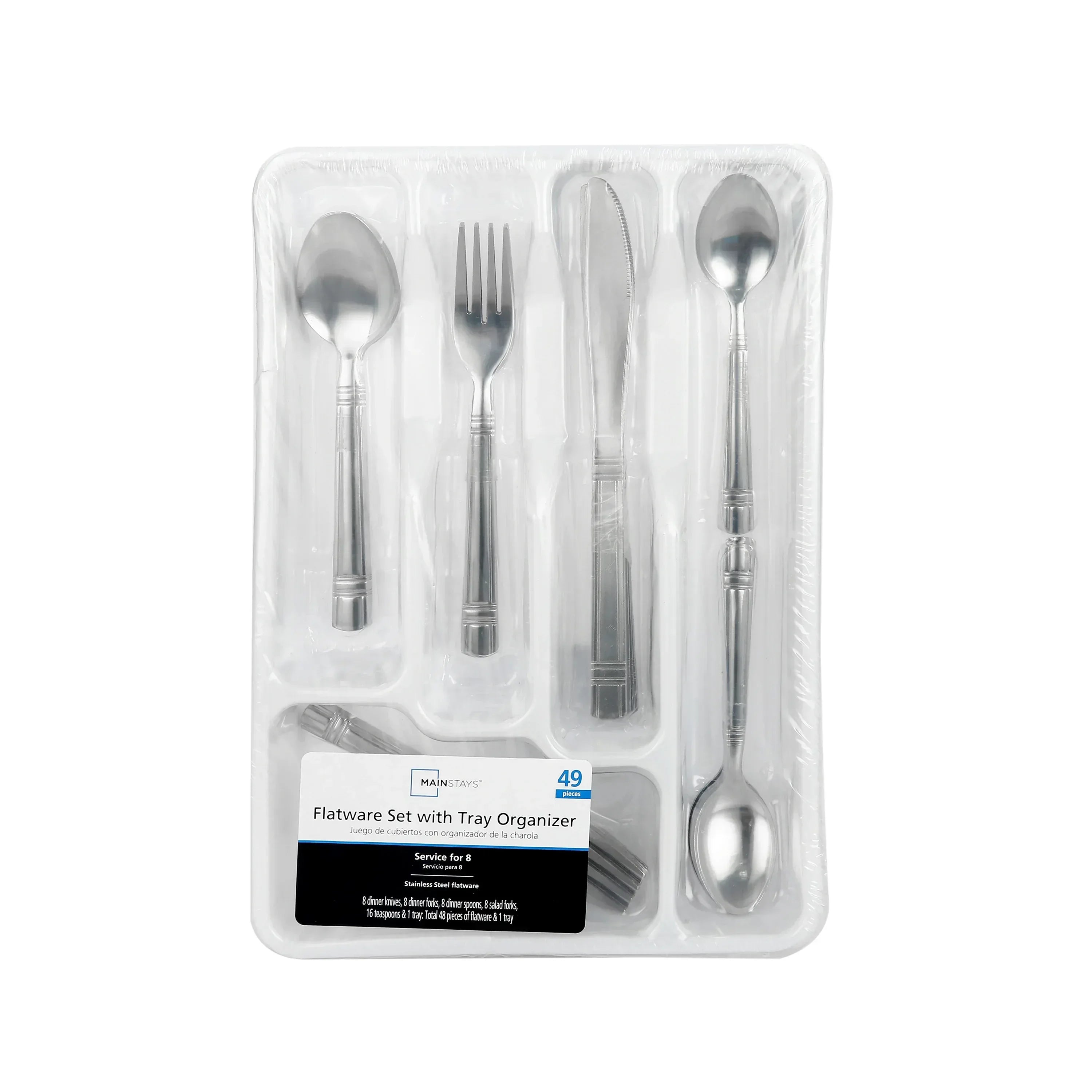 Mainstays 49 Piece Elena Adult Stainless Steel Flatware and Organizer Tray Value Set Silver, Service for 8
