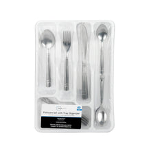 Stainless steel flatware with tray organizer in clear plastic storage case