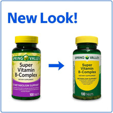 Super Vitamin B-Complex bottle front views showing new label design, 100 tablets