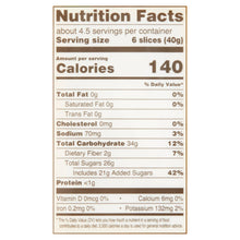 Nutrition facts panel for sweetened dried mango with serving size and calories