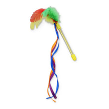 Feather wand cat toy with colorful ribbon streamers and green handle.