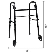 Black folding walker with height-adjustable legs and front caster wheels