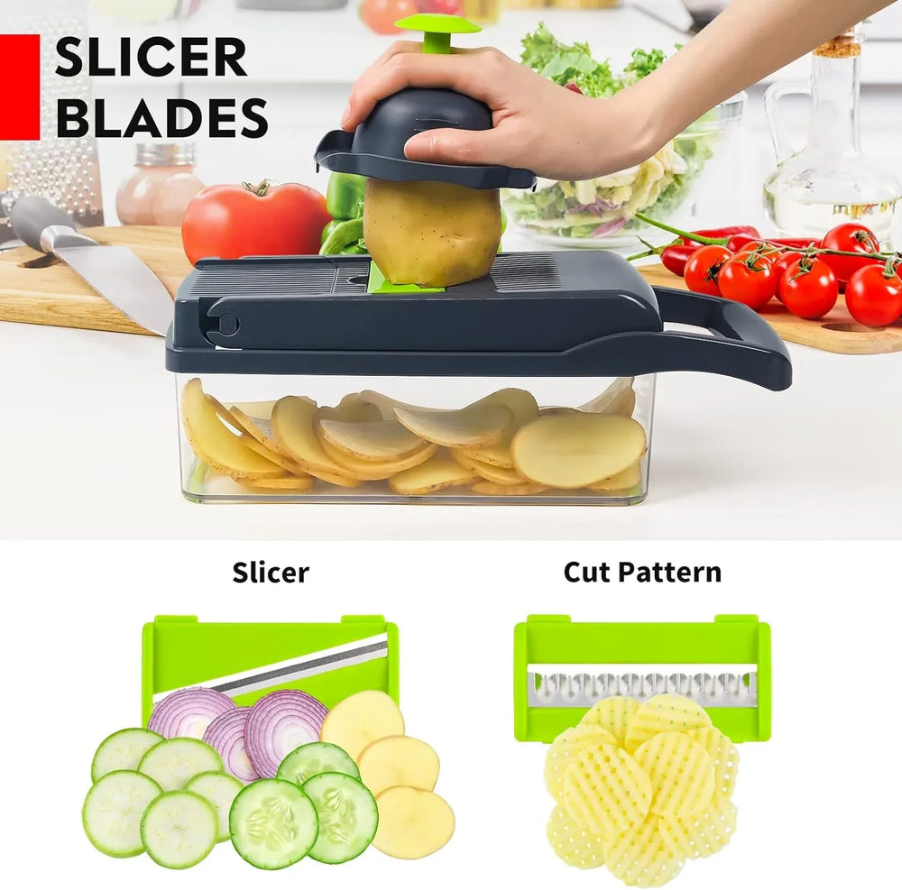 Vegetable Chopper, Pro Onion Chopper, 14 in 1Multifunctional Food Chopper, Kitchen Vegetable Slicer Dicer Cutter,Veggie Chopper With 8 Blades,Carrot Chopper With Container-kitchen essentials(Grey) - USA MEGA SHOP