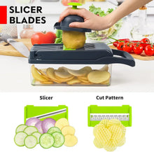 Vegetable chopper slicer head, black with green inserts, cutting potato slices in container