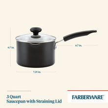 Black 3-quart saucepan with straining lid and ergonomic handle