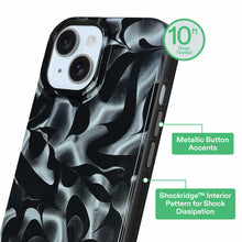 Black phone case with metallic silver ripple pattern, dual camera openings, and edge buttons
