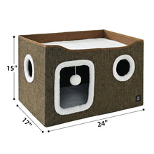 Member’s Mark brown cat condo with plush-lined openings, shown with 24 x 17 x 15 in. dimensions