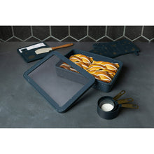 Atlantic blue silicone baking dish with speckled dots and hinged lid