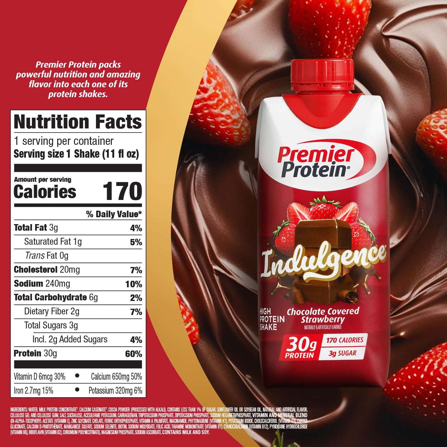 Premier Protein Indulgence Protein Shake, Chocolate Covered Strawberry, 30g Protein, 11 fl oz, 4 Ct