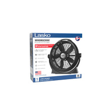 Lasko WindMachine floor fan retail box, black fan shown with grille